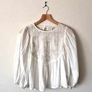 HOUSE OF HARLOW 1960 White & Beige Floral Embroidery Top - Women's S